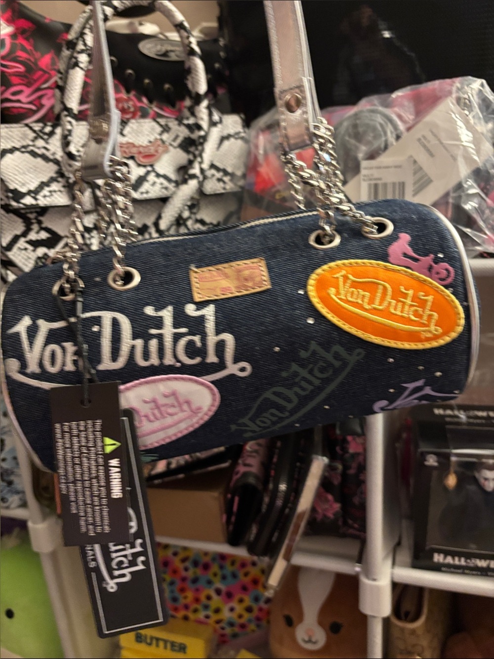 Von Dutch Navy Denim Mini Barrel Bag NWT